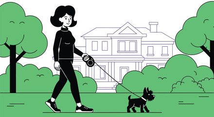 Illustration of woman walking dog in park near house vector design
