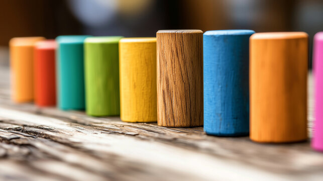 Colorful wooden cylinder toy line blue orange yellow green teal pink red natural wood