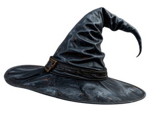 Classic black witch hat with a pointed tip, Isolated on transparent or white, Cut out