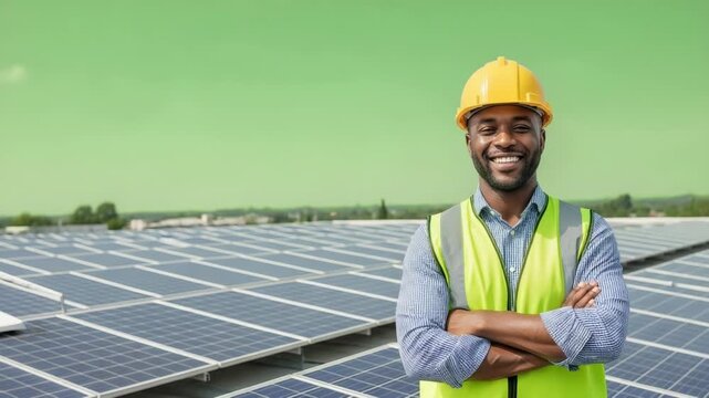 Smiling man in hard hat and vest on solar panel array