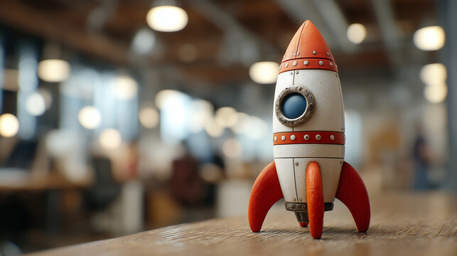 Retro toy rocket on wooden table in modern office, orange white rocket, startup launch concept, hopeful mood