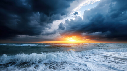 Obraz premium Dynamic Tropical Coastline with Powerful Waves and Dramatic Clouds at Sunset