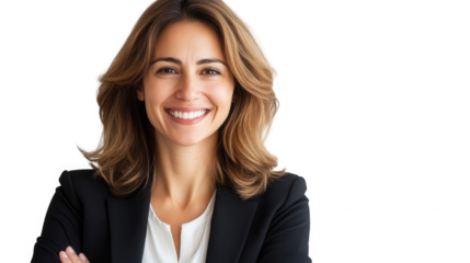 Portrait of a smiling woman with crossed arms wearing a black blazer against a black background on transparent background