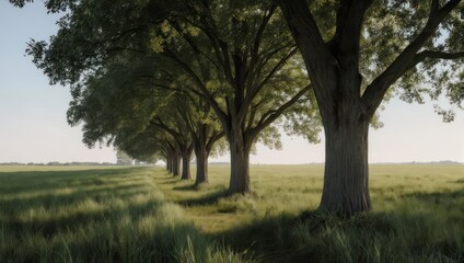 Row of majestic oak trees lining a grassy field at sunrise.