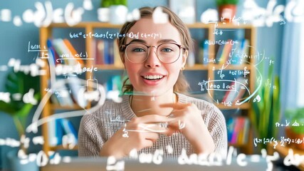 A smiling woman with glasses interacts with glowing scientific formulas floating in front of her laptop in a futuristic e-learning concept - Powered by Adobe