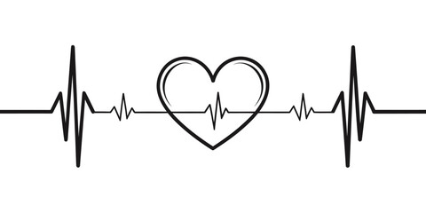 Vector heartbeat line with heart shape in the center showing a healthy rhythm on a white background design