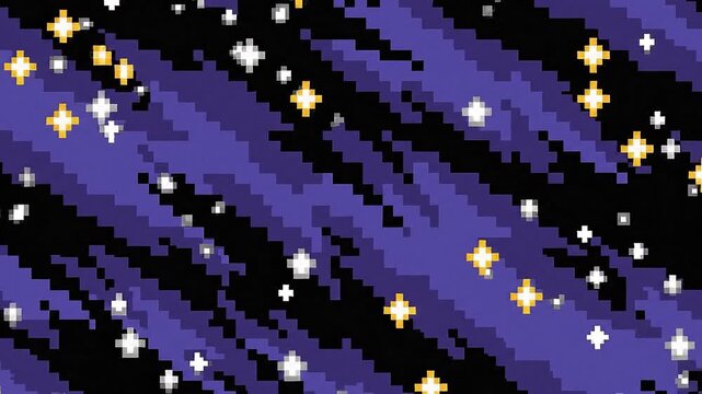 A retro pixel art illustration of a starry night sky with sparkling yellow and white stars against a dark purple background.