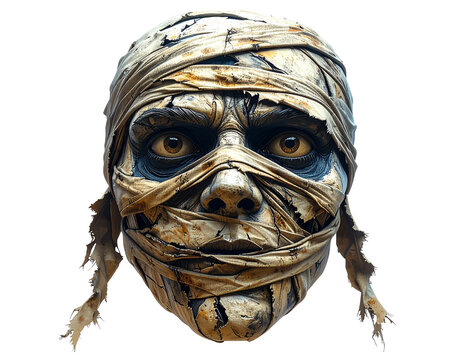 Halloween mummy mask with wrapped bandages, Isolated on transparent or white, Cut out