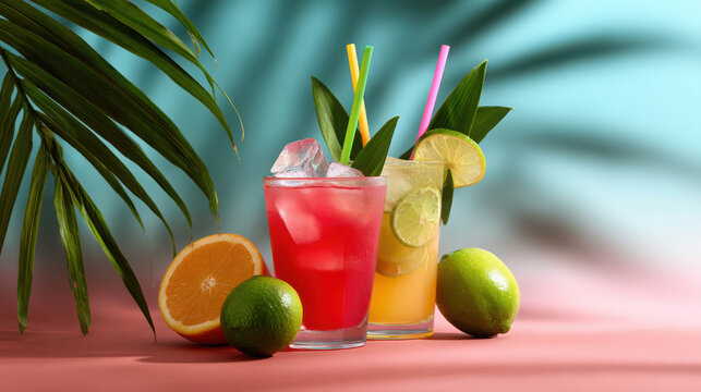 Tropical Mocktails With Citrus Fruits And Colorful Straws Presented In A Refreshing Theme Of Summer Vibes And Editorial Style
