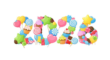 Obraz premium Cute 2026 Numbers Formed with Colorful Balloons and Sweet Candies – Adorable New Year Concept