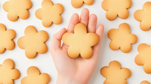 Flower shaped butter cookie held in hand with scattered cookies on white background joyful snack scene