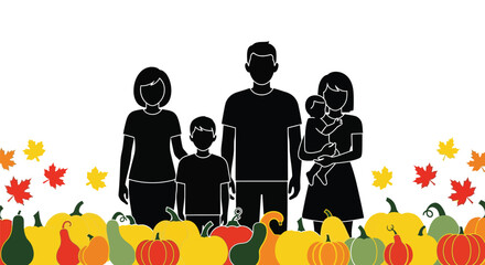 Family silhouette with pumpkins and leaves for thanksgiving day editable vector