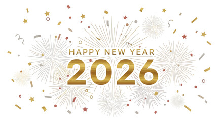 Happy New Year 2026 Typography with Golden Fireworks and Sparkling Confetti Background &ndash; Vector Illustration