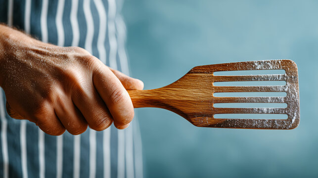 Wooden spatula held by hand in striped apron, kitchen utensil used for flipping and serving food with natural texture