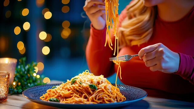 Warm pasta spaghetti with tomato sauce, grated cheese, and basil for cozy dinner, bokeh lights ambiance as woman twirls spaghetti fork and plate warm