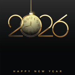 Luxury Happy New Year 2026 logo with golden clock ornament. Vector