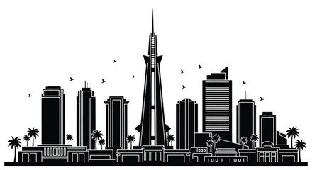 Black and white skyline silhouette of a modern city landscape editable vector