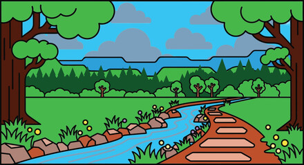 Illustration of nature scene with river path and green trees art editable vector