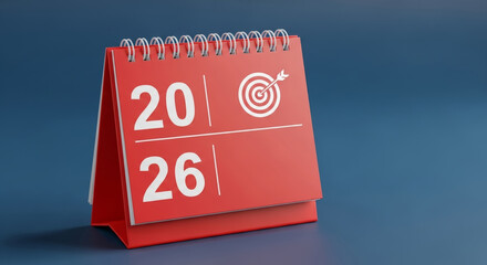 2026 business year end christmas new year red desktop calendar with goal icon and minimal design evoking festive productivity