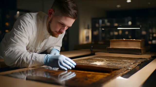 Expert meticulously restoring ancient manuscript with delicate precision, preserving history in museum archive with careful gloved hands and focused light
