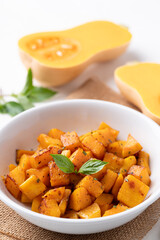 Roasted butternut squash pumpkin in a bowl, Autumn homemade food