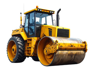 Obraz premium Yellow road roller, heavy machinery, construction equipment, Isolated on transparent or white, Cut out