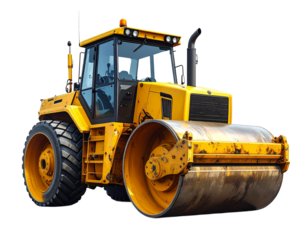 Yellow road roller, heavy machinery, construction equipment, Isolated on transparent or white, Cut out