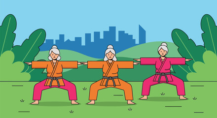 Senior women practicing karate outdoors martial arts training pose editable vector