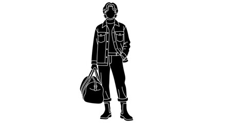 Stylish person carrying a duffel bag, ready for a journey, depicted in a clean silhouette.