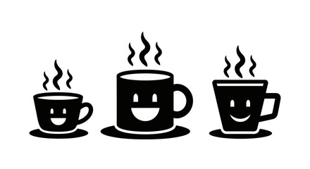 Three steaming coffee cups with happy faces radiate warmth and cheer on a white background.