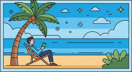 Man relaxing on a beach chair under a palm tree, reading a book by the ocean.