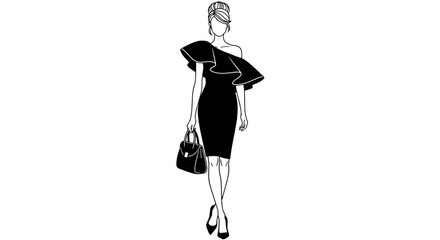 Elegant woman in a stylish black dress carrying a handbag, walking with confidence.