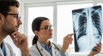 Doctor examining chest x ray for lung cancer screening check with focused medical team discussing results and concern in clinical radiology setting