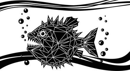 Fierce spiky fish with sharp teeth swims in stylized water with bubbles