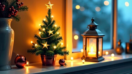 Indoor Christmas Tree and Lantern Scene