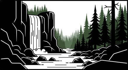 Serene forest waterfall cascades into a calm river surrounded by lush evergreen trees.