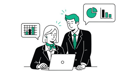 Business team analyzing data charts and graphs on laptop together editable vector