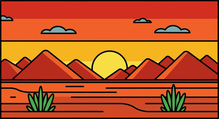 Vibrant desert landscape at sunset with rolling hills and sparse vegetation under a warm sky.