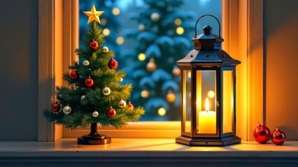 Christmas scene with Christmas tree and lanterns by the window
