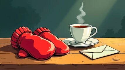 The cozy scene of hot coffee with red gloves indoors