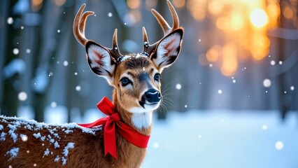 Christmas scene of a deer wearing a red ribbon in the snow