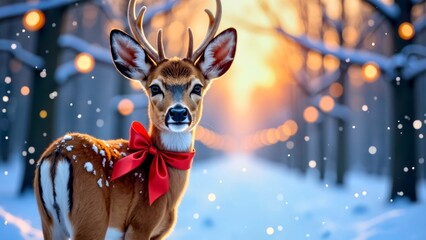The warm snow scenery of deer wearing red ribbons in the forest