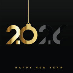 Luxury Happy New Year 2026 logo with golden Christmas ornament. Vector