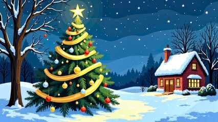 Christmas tree and cabin in the woods on a snowy night