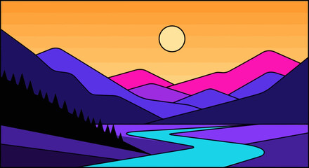 Vibrant minimalist landscape illustration with colorful mountains and flowing river at sunset