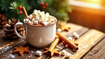 Hot drink cup with cotton candy cinnamon stick wooden table picture