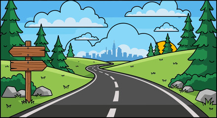 Winding road through green hills towards a distant city skyline, framed by trees and a bright sun.