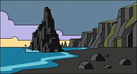 Dramatic dark rock formations rise from the ocean against a moody sky on a black sand beach.