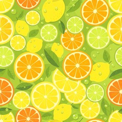 Dew-Kissed Citrus Medley: Seamless Vector Pattern of Sliced Lemons, Limes, and Oranges.