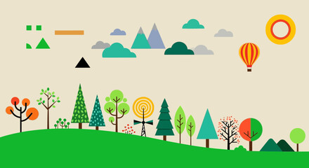 Whimsical landscape illustration with colorful trees, mountains, and hot air balloon under a bright sun.